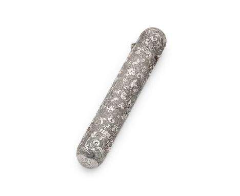A VICTORIAN SILVER DOUBLE SCENT FLASK, SAMPSON MORDAN & CO., LONDON, 1881 cylindrical with rounded ends, covered in engraved 