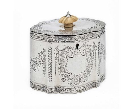 A VICTORIAN SILVER TEA CADDY, ANDREW CRESPEL, LONDON, 1861  ◉ shaped oval, in George III style, bright-cut engraved with foli