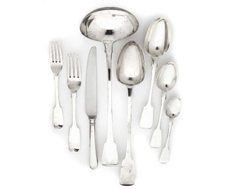 A MATCHED SET OF GEORGIAN AND VICTORIAN TABLE SILVER, PREDOMINANTLY CHAWNER & CO., ALL LONDON, 1814-66 Fiddle pattern, plain,