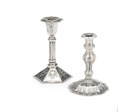TWO VICTORIAN SILVER TAPERSTICKS one with hexagonal base rising to a ribbed stem and octagonally faceted sconce, with detacha