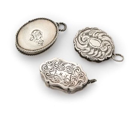 THREE VICTORIAN SILVER VINAIGETTES, ALL BIRMINGHAM all with suspension rings and gilt interiors with engraved grilles, one sh