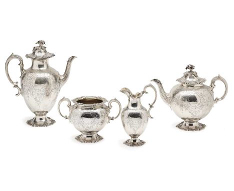 A VICTORIAN SILVER FOUR-PIECE TEA AND COFFEE SET, EDWARD BARNARD & SONS, LONDON, 1849  ◉ the spherical or ovoid bodies each e