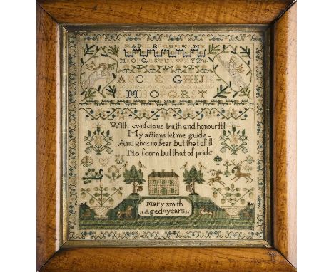 A WILLIAM IV SAMPLER, WORKED BY MARY SMITH, DATED 1836 the upper part worked with two sets of letters flanked by putti in car