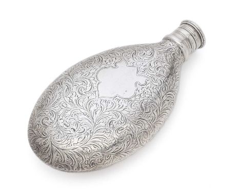 A VICTORIAN SILVER SPIRIT FLASK, ALFRED TAYLOR, BIRMINGHAM, 1862 the ovoid body with vacant shield surrounded by overall scro