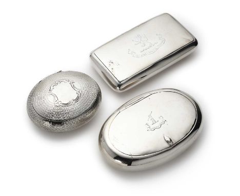 THREE VICTORIAN SILVER TOBACCO BOXES, ALL LONDON all with gilt interiors, one oval engine-turned around a vacant shield, comp