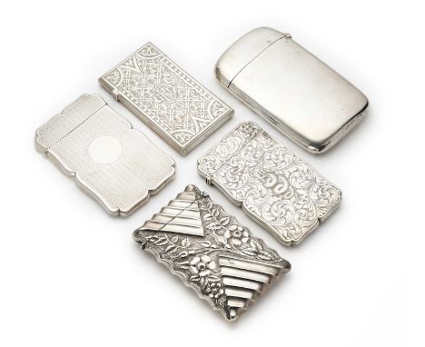 FIVE VICTORIAN SILVER CARD CASES all oblong and hinging open to the top edge, one scroll foliate engraved around a snake and 