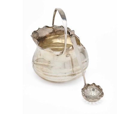 CHRISTOPHER DRESSER (ATTRIBUTED): A VICTORIAN SILVER SUGAR BASKET AND SIFTER SPOON, HUKIN & HEATH OF BIRMINGHAM, LONDON, 1886