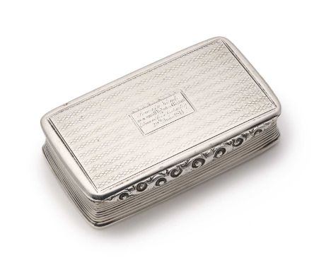 A VICTORIAN SILVER SNUFF BOX, WILLMORE & CO., BIRMINGHAM, 1842 rectangular, engine turned top and base, lid with applied foli