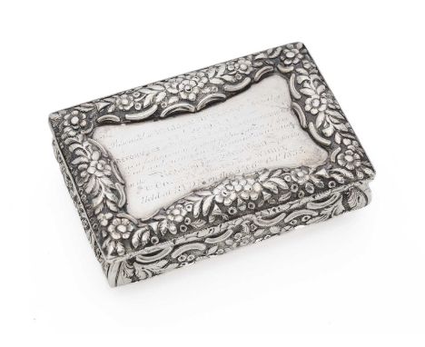 A WILLIAM IV SILVER TABLE SNUFF BOX, NATHANIEL MILLS, BIRMINGHAM, 1835  oblong, the lid engraved with a presentation inscript