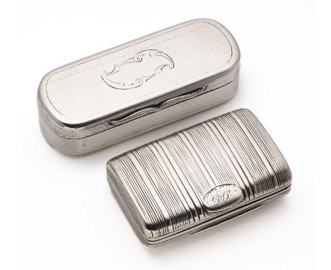 A GEORGE III SILVER SNUFF BOX, MAKER'S MARK INDECIPHERABLE, LONDON, 1819 rounded rectangular, with banded reeding, initialled