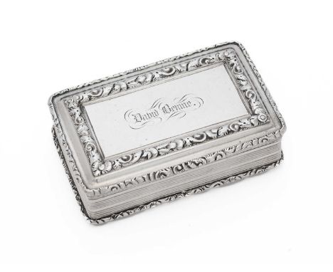 A VICTORIAN SILVER SNUFF BOX, NATHANIEL MILLS, BIRMINGHAM, 1838 rectangular, engraved 'David Bennie', with applied foliate bo