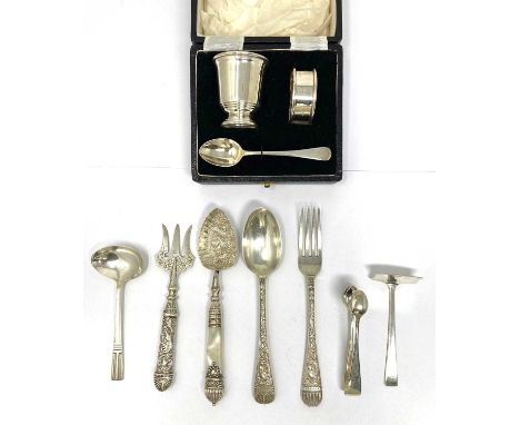 ASSORTED CHRISTENING AND TABLE SILVER comprising: a cased set of egg cup, spoon and napkin ring, Sanders &amp; Mackenzie, Bir