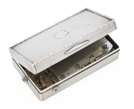 A VICTORIAN SILVER SNUFF BOX FITTED WITH A CYLINDER MUSIC MECHANISM, BOX PERHAPS THOMAS WISE, LONDON, 1838 rectangular, engin
