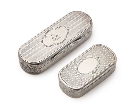 TWO VICTORIAN SILVER SNUFF BOXES, BOTH BIRMINGHAM both with gilt interiors, one rectangular with rounded ends, engraved with 