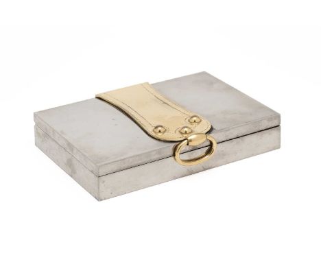 A FRENCH ELECTROPLATE AND GILT CIGARETTE BOX, HERMES, PARIS, MID 20TH CENTURY rectangular, the lid applied with a gilt band i