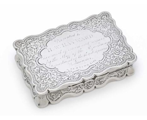 A VICTORIAN SILVER TABLE SNUFF BOX, GEORGE UNITE, BIRMINGHAM, 1877  shaped rectangular, the lid with presentation inscription