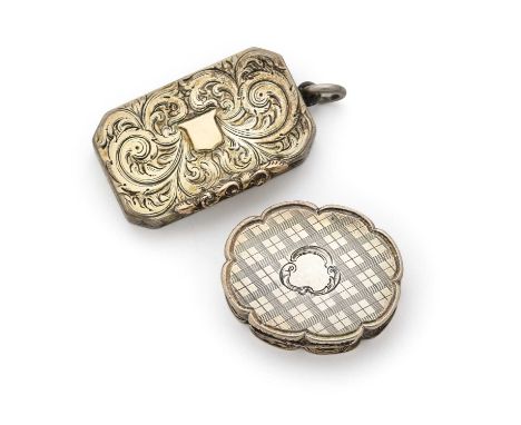 TWO VICTORIAN SILVER VINAIGRETTES, BOTH BIRMINGHAM both with foliate thumbpieces and gilt interiors with foliate engraved hin