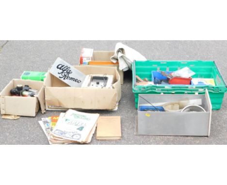 A group of automobile tools and accessories, to include Crossland filters, Norgren compressor, barrel bulbs, motorcycle caske