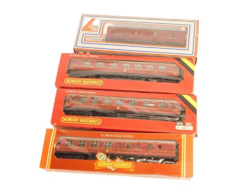 Four Hornby OO gauge coaches, to include LMS 57 composite R433, Lima, etc., boxed. (4)