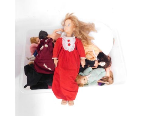 Various dolls, Sindy, Barbie and others similar, Mattel doll circa 1986 in red dress, another in knitted green dress, etc. (a