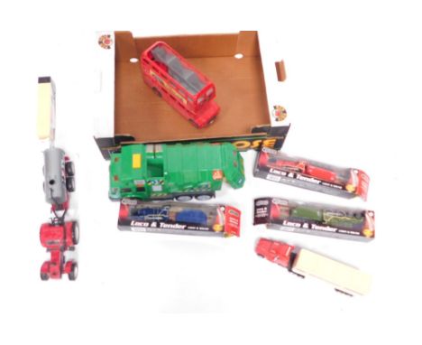Testers and other die cast, boxed trains, unboxed tractor, refuse truck, etc.  (1 box)