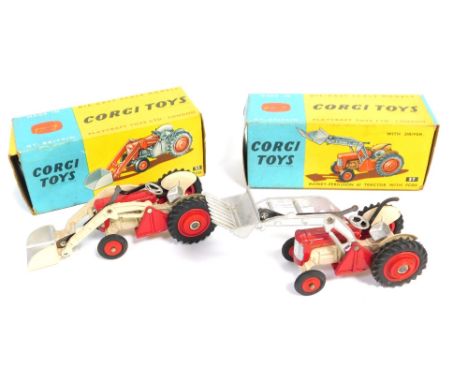 A Corgi Toys Massey Ferguson 65 tractor with fork, no. 57, and a Massey Ferguson 53.  (2, boxed)