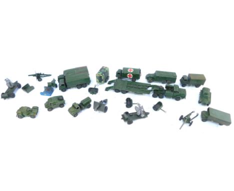 Various Dinky die cast army vehicles, to include play worn armoured command vehicle, medium artillery tractor, military ambul