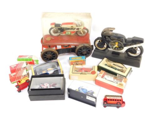 Various die cast toys and vehicles, to include alarm clock motorcycle, boxed die cast, Matchbox, Super Fast Volkswagen, boxed