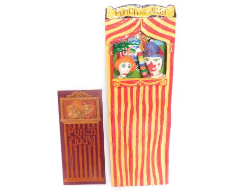 A modern Punch &amp; Judy papier mache diorama,  of the characters in puppet show and another painted sign, the largest 104cm