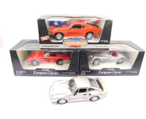 Ertl and Tonka die cast vehicles, 1:18 scale, a 1948 Jaguar XK120, 1966 Ferrari 275 GTB IV, 1970's Mustang, boxed and an unbo