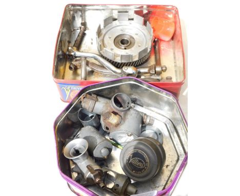 A group of automobile parts, comprising carbs, kick straps, etc. (2 boxes)