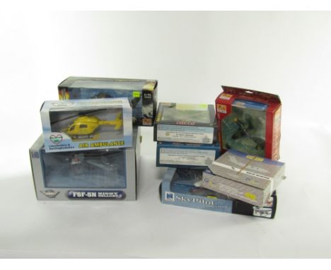 Various die cast aeroplanes, to include 1:72 scale Corsair easy model, Sky Pilot Collection aeroplane, Air Ambulance helicopt