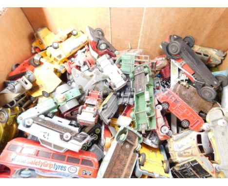 Various play worn die cast, including a Dinky Toys RouteMaster bus, Corgi Toys Carrier Bantum, Matchbox R Series Kingsize num