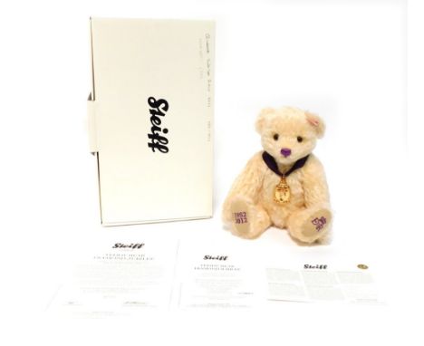 A Steiff Queens Jubilee bear 2012, produced to celebrate the Queens Diamond Jubilee, 27cm high, vanilla, boxed with certifica