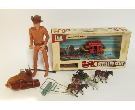 A Britain's Concord Stagecoach 1870, Britain's horse and cart, farm hands, horse and roller, and a Johnny West Action Cowboy 