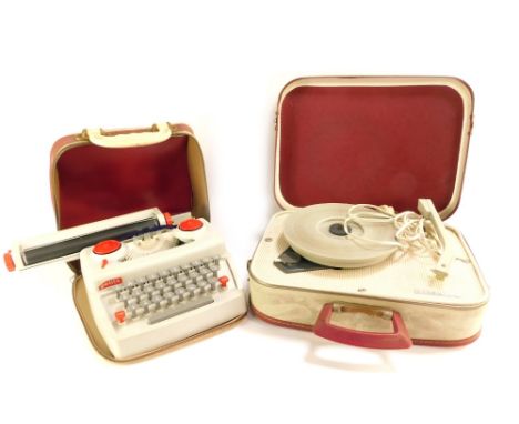 A child's cased Petite typewriter and a cased record player. (2)