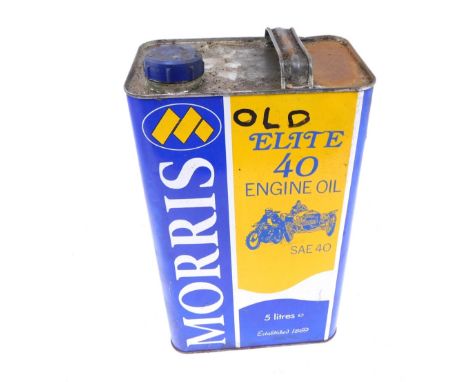 An empty Morris Elite 40 engine oil can, five litre can,29cm high.