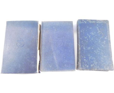 Three volumes of the Admiralty and Navigation Manual, volumes 1-3 dated 1938, in blue bindings. 