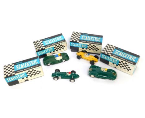 Various Scalextric model motor racing vehicles, BRM, Lister Jaguar, Aston Martin and D type Jaguar.  (4, boxed)