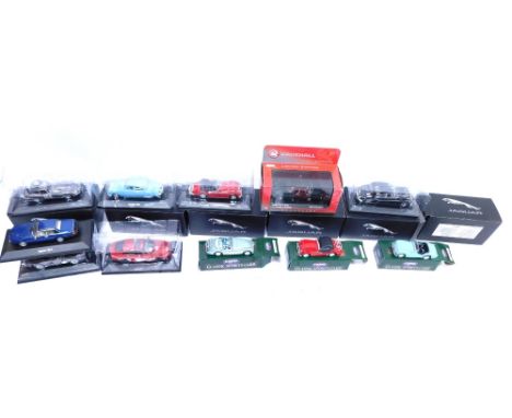 Various die cast vehicles, Corgi Classic sports cars, others on plinth bases, to include Jaguar XJ-S, boxed and loose. (a qua