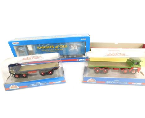 Four Corgi die cast vehicles, comprising Knights of Old, Corgi Classics British Rail Bedford low loader and two 1:50 scale tr