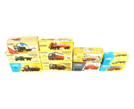 Ten Corgi Classics die cast vehicles, comprising AEC 4 wheel flatbed truck, Bedford S Type tractor and trailer, Scammel, Leyl