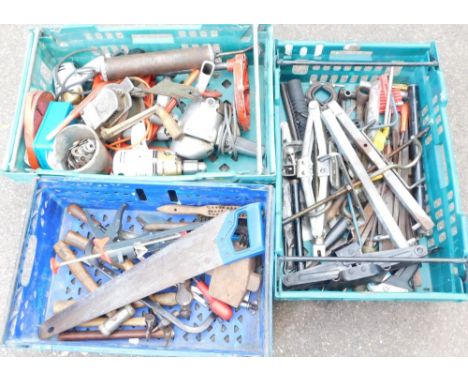 A group of tools and accessories, car jacks, screwdrivers, drills, nuts and bolts, etc. (3 boxes)