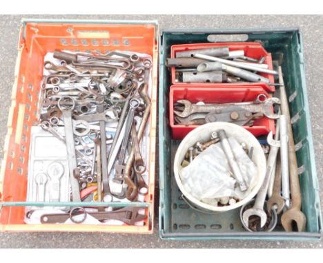 A group of engineering tools, comprising hook line reels, wrenches, spanners, bolts and screws, pipes, etc. (2 boxes)