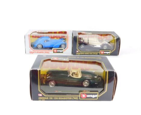 Burago die cast vehicles, 1:24 scale, comprising a Jaguar XK120 Roadstar, Mercedes Benz SSK and a Bugatti Atlantic, boxed. (3