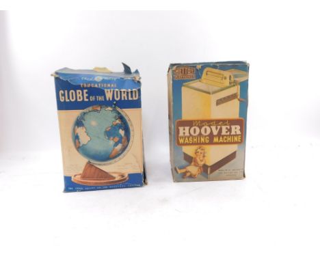 A Metoy Play Things metal hoover washing machine, and a Chad Valley educational globe of the world. (2)