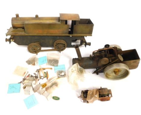 An incomplete 3½" gauge brass locomotive, and an incomplete steam tractor. (contents of one box)