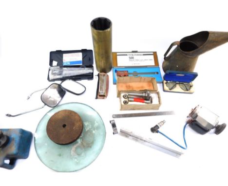 A group of automobile tools and parts, oil cans, milling chuck, brass piping, motors, etc. (a quantity) 