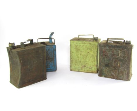 Four petrol cans, comprising a Pratts lime green oil can, 31cm high, BP oil can, 31cm high, Esso oil can, 31cm high, and a bl