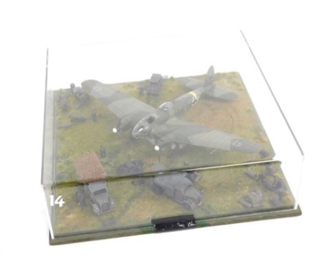 A cased diorama model of a Messerschmit ME262A, in 1:32 scale. 